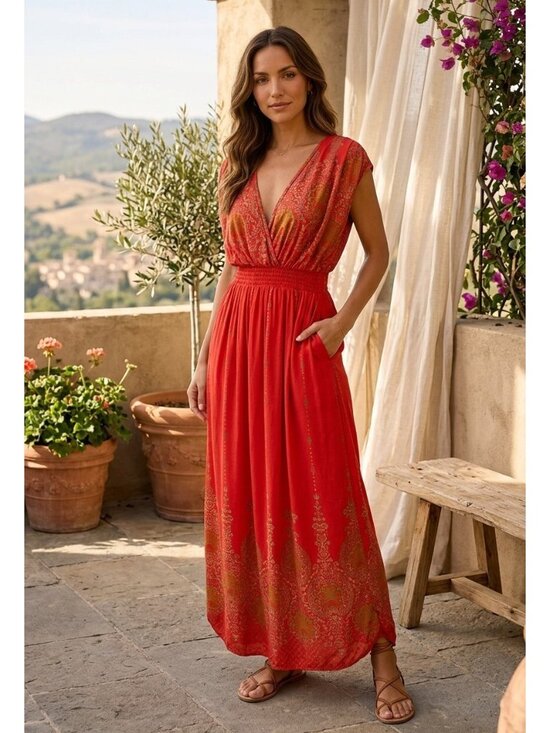 Lapogee Dresses & Skirts - LAPOGEE TRIBAL PRINT RED GOLD BOHEMIAN V-NECK MAXI DRESS